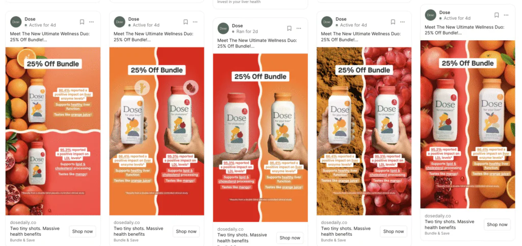 five Dose ad creatives promoting a 25% off bundle for liver and cholesterol support shots. Each ad highlights clinical study stats—86.4% reported improved liver enzyme levels and 95.3% improved LDL levels—paired with bold health claims, benefits like "tastes like orange juice" or "mango," and vibrant split-color backgrounds. Variations include different product placements, hand models, and ingredient imagery (turmeric, berries, oranges). These creative iterations showcase how changing visual framing and color pairings can test which combinations maximize click-through rate (CTR) and engagement.